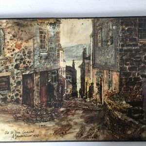 Old vintage wood wall plaque lithography print of Old St Ives Cornwall